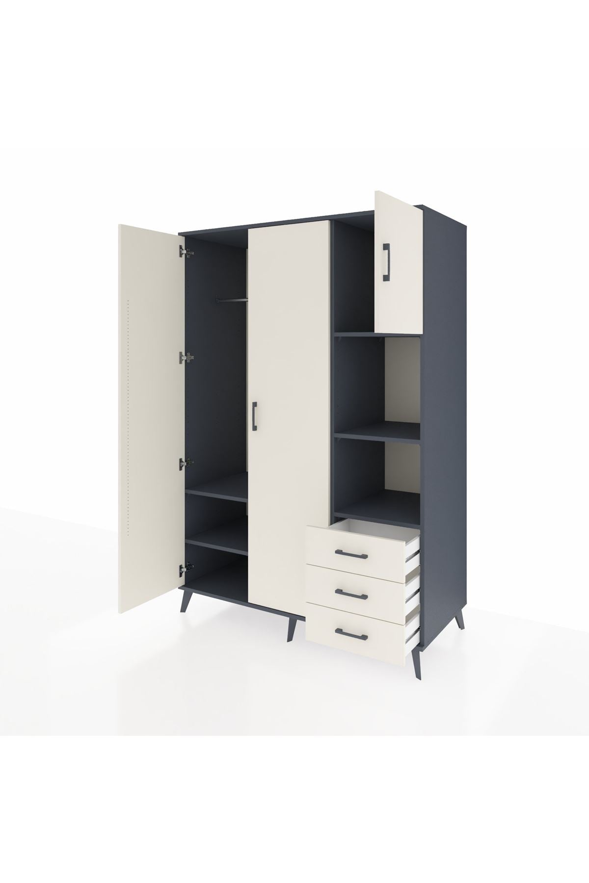 Kronos Dolap 5 Raflı 3 Çekmeceli Tek Askılı 132x59x195 Antrasit-Aytaşı/Aytaşı