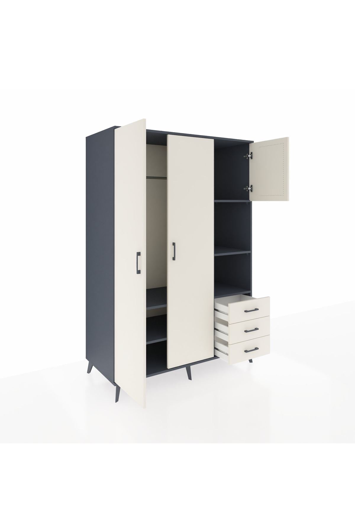 Kronos Dolap 5 Raflı 3 Çekmeceli Tek Askılı 132x59x195 Antrasit-Aytaşı/Aytaşı