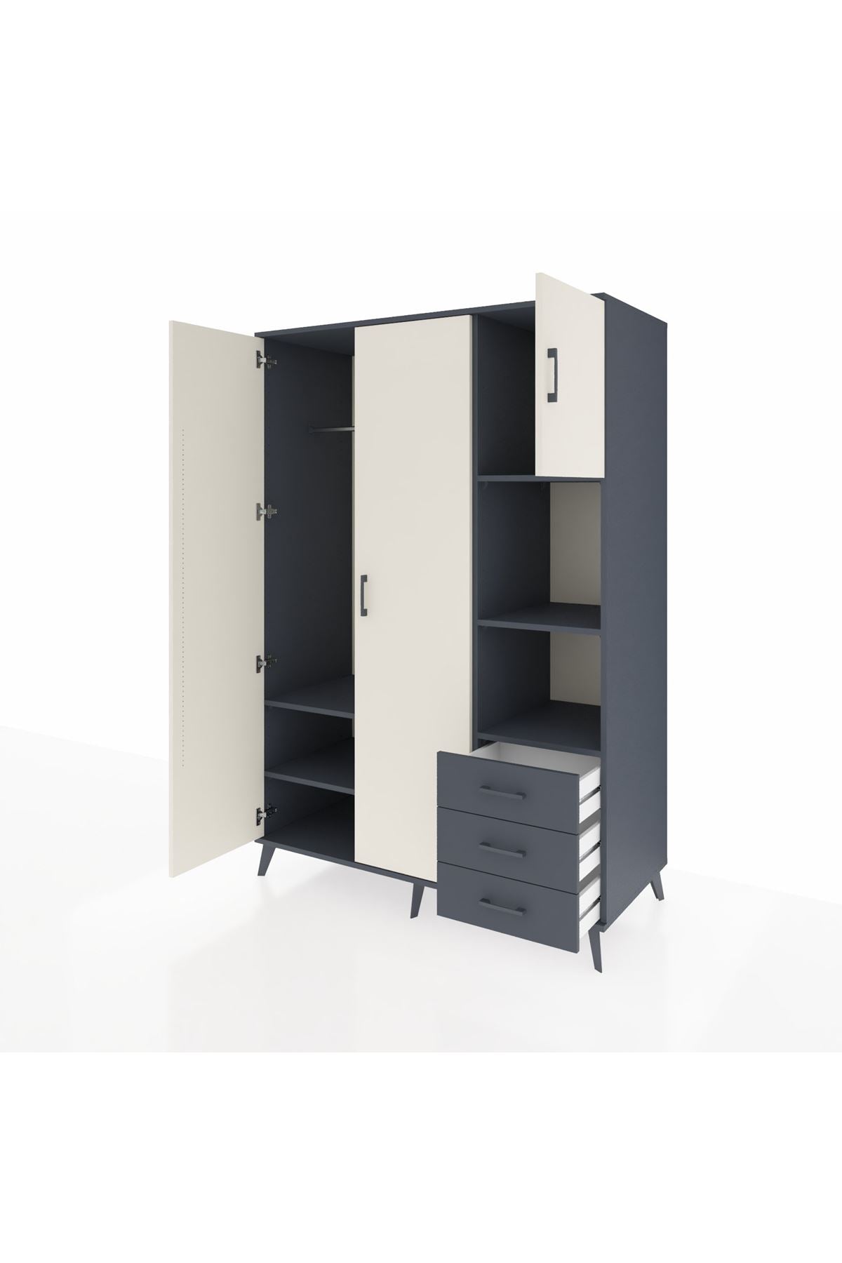 Kronos Dolap 5 Raflı 3 Çekmeceli Tek Askılı 132x59x195 Antrasit-Aytaşı/Antrasit