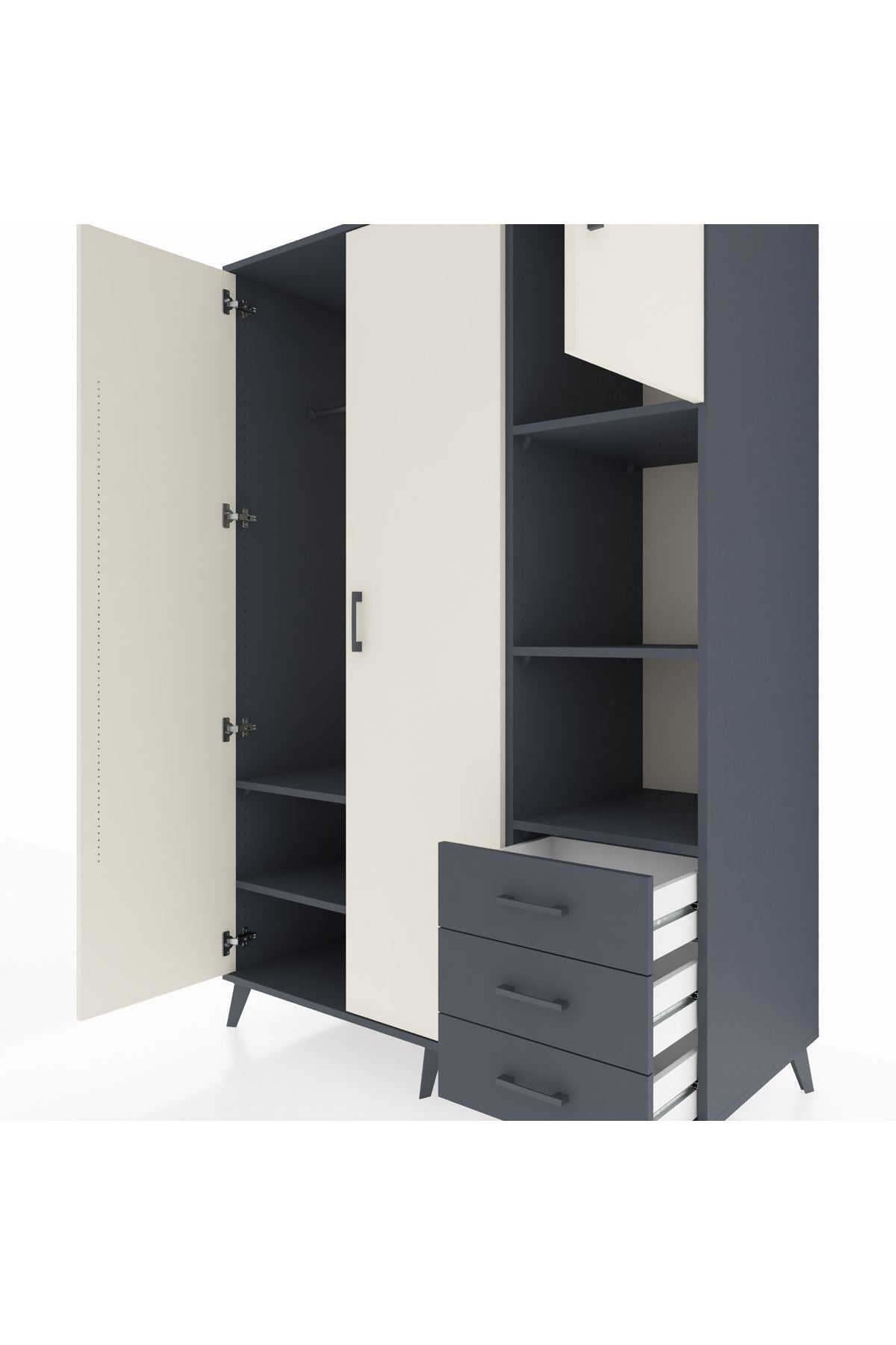 Kronos Dolap 5 Raflı 3 Çekmeceli Tek Askılı 132x59x195 Antrasit-Aytaşı/Antrasit