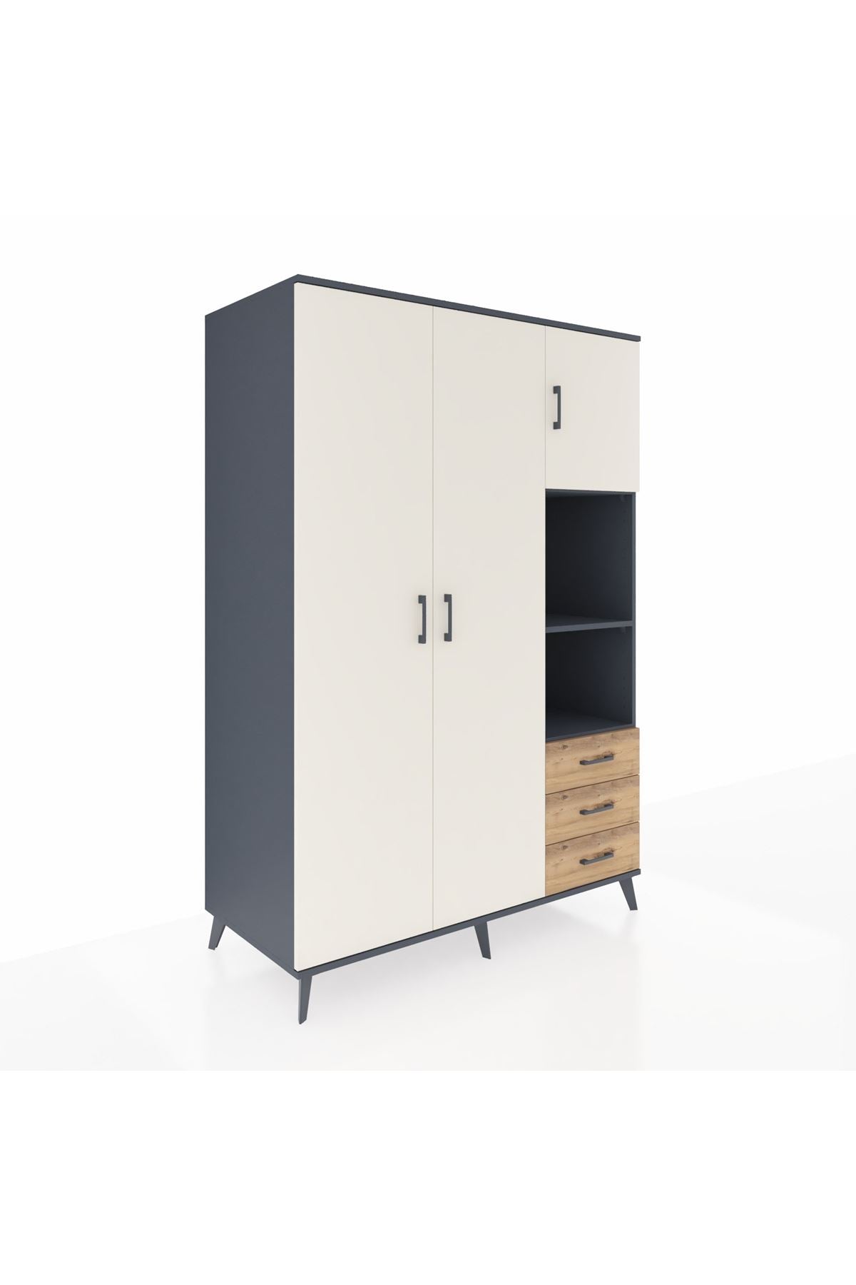 Kronos Dolap 5 Raflı 3 Çekmeceli Tek Askılı 132x59x195 Antrasit-Aytaşı/Çam