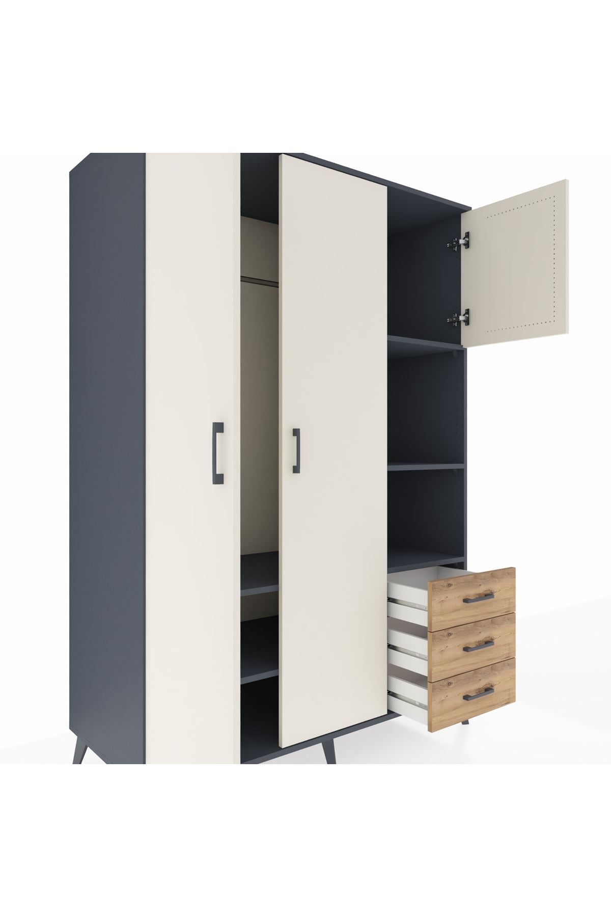 Kronos Dolap 5 Raflı 3 Çekmeceli Tek Askılı 132x59x195 Antrasit-Aytaşı/Çam