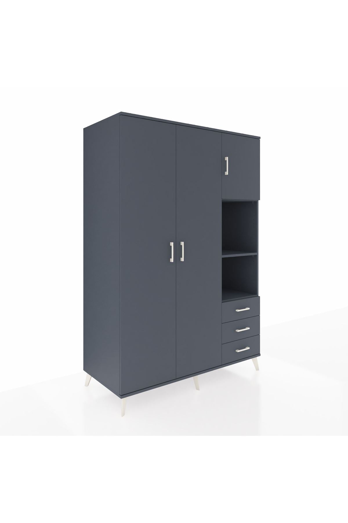 Kronos Dolap 5 Raflı 3 Çekmeceli Tek Askılı 132x59x195 Antrasit-Antrasit/Antrasit