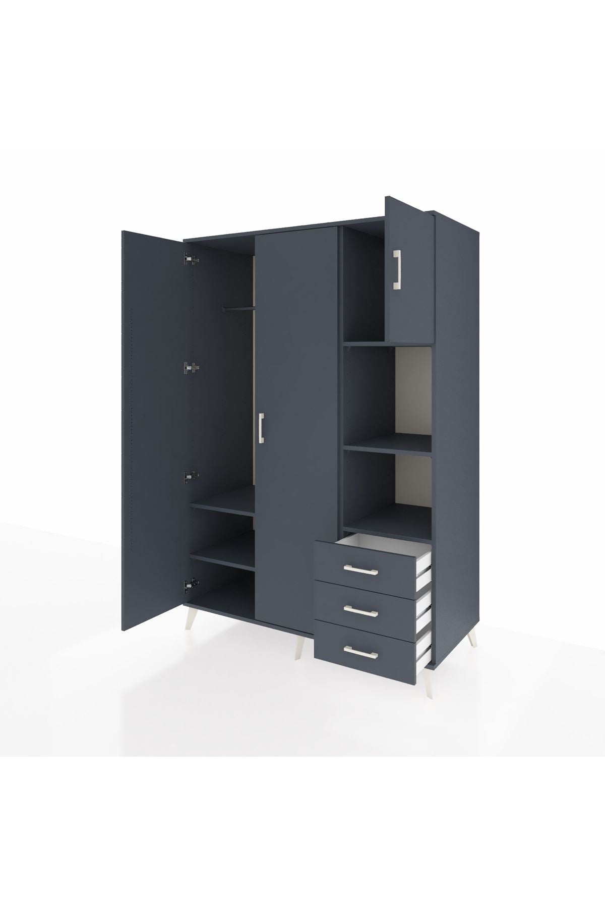 Kronos Dolap 5 Raflı 3 Çekmeceli Tek Askılı 132x59x195 Antrasit-Antrasit/Antrasit