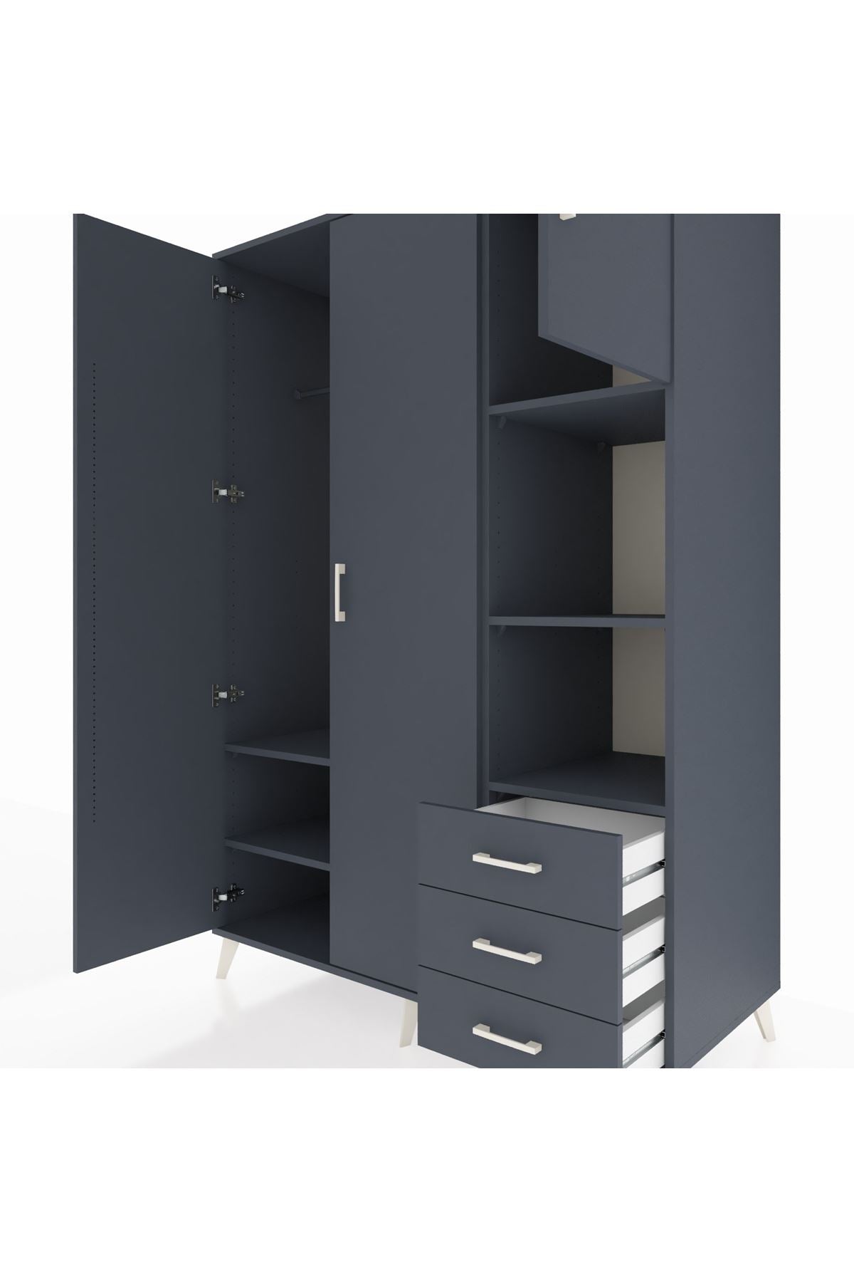 Kronos Dolap 5 Raflı 3 Çekmeceli Tek Askılı 132x59x195 Antrasit-Antrasit/Antrasit