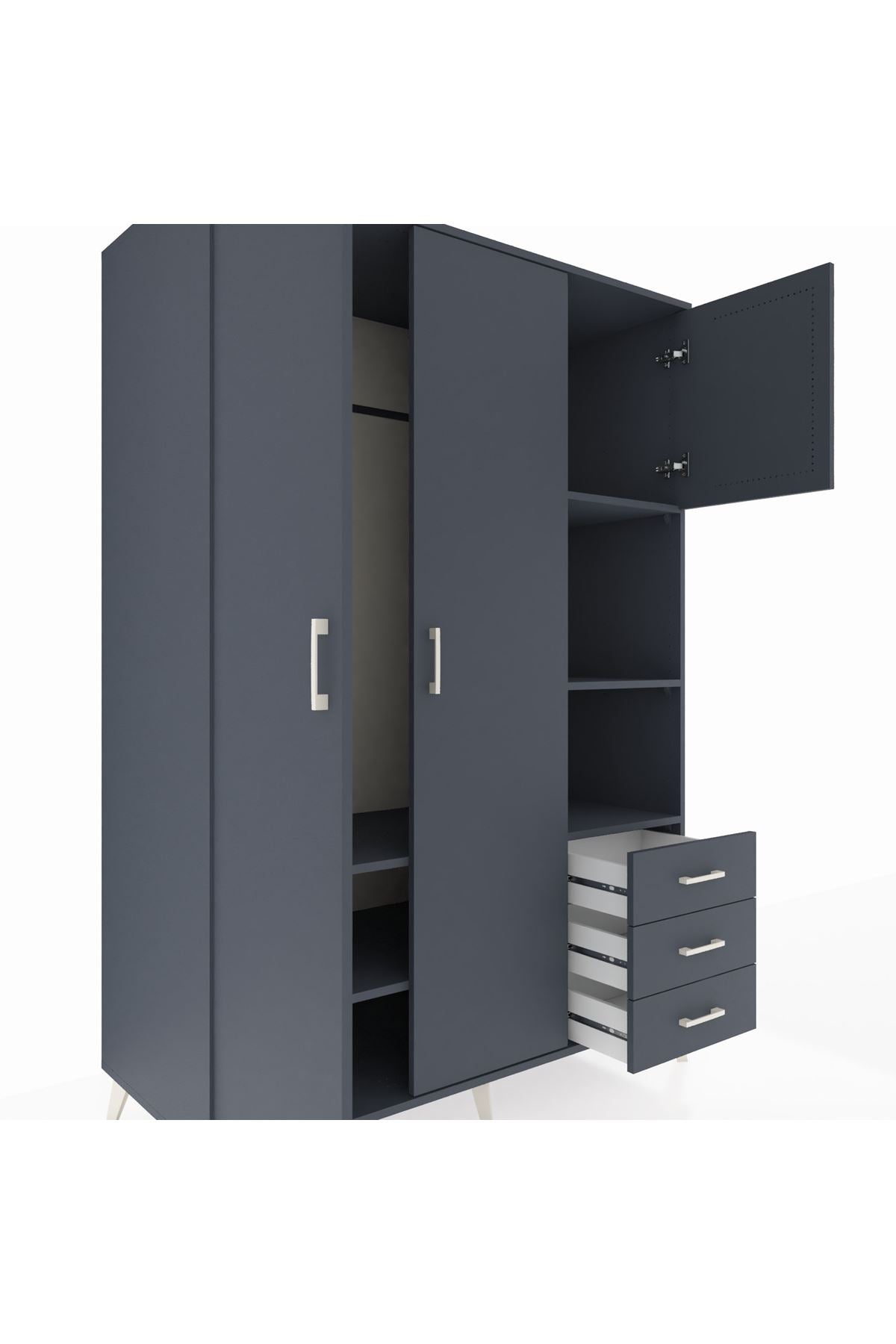 Kronos Dolap 5 Raflı 3 Çekmeceli Tek Askılı 132x59x195 Antrasit-Antrasit/Antrasit