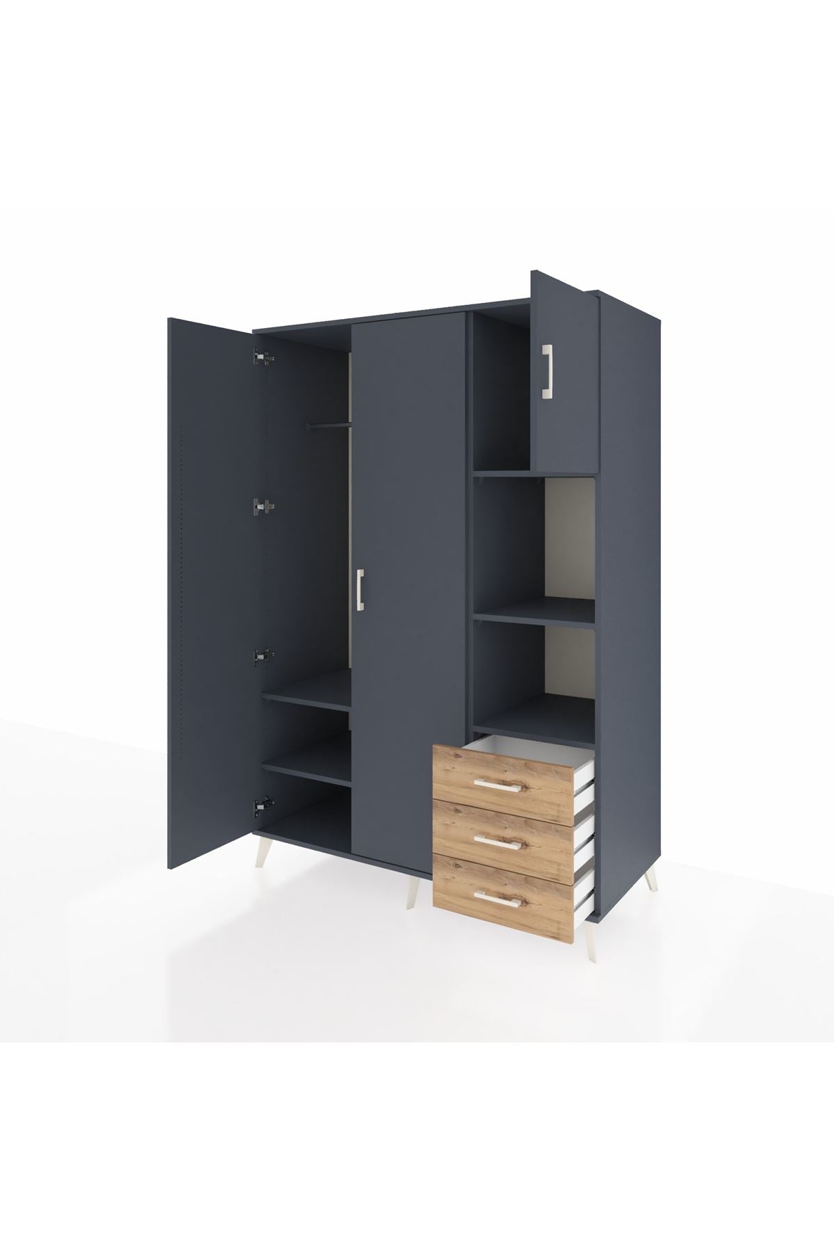 Kronos Dolap 5 Raflı 3 Çekmeceli Tek Askılı 132x59x195 Antrasit-Antrasit/Çam