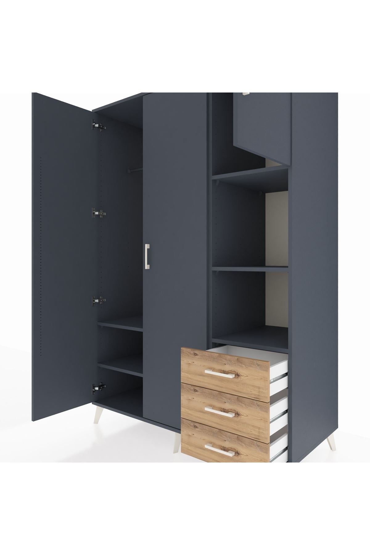 Kronos Dolap 5 Raflı 3 Çekmeceli Tek Askılı 132x59x195 Antrasit-Antrasit/Çam