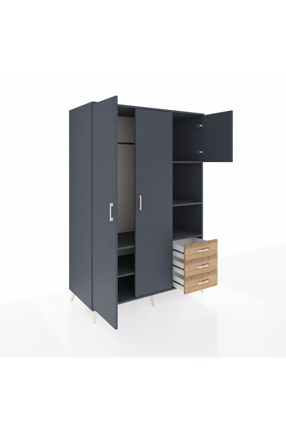 Kronos Dolap 5 Raflı 3 Çekmeceli Tek Askılı 132x59x195 Antrasit-Antrasit/Çam