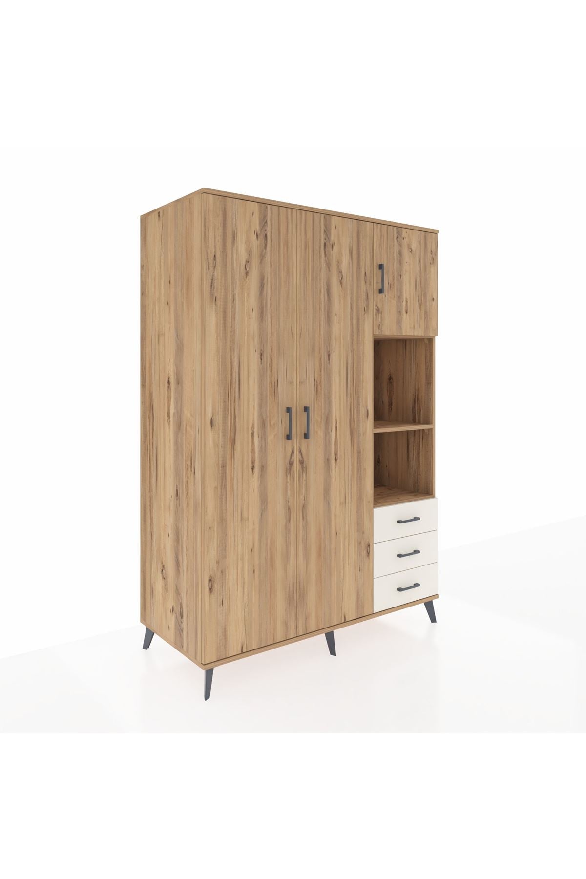 Kronos Dolap 5 Raflı 3 Çekmeceli Tek Askılı 132x59x195 Çam-Çam/Aytaşı