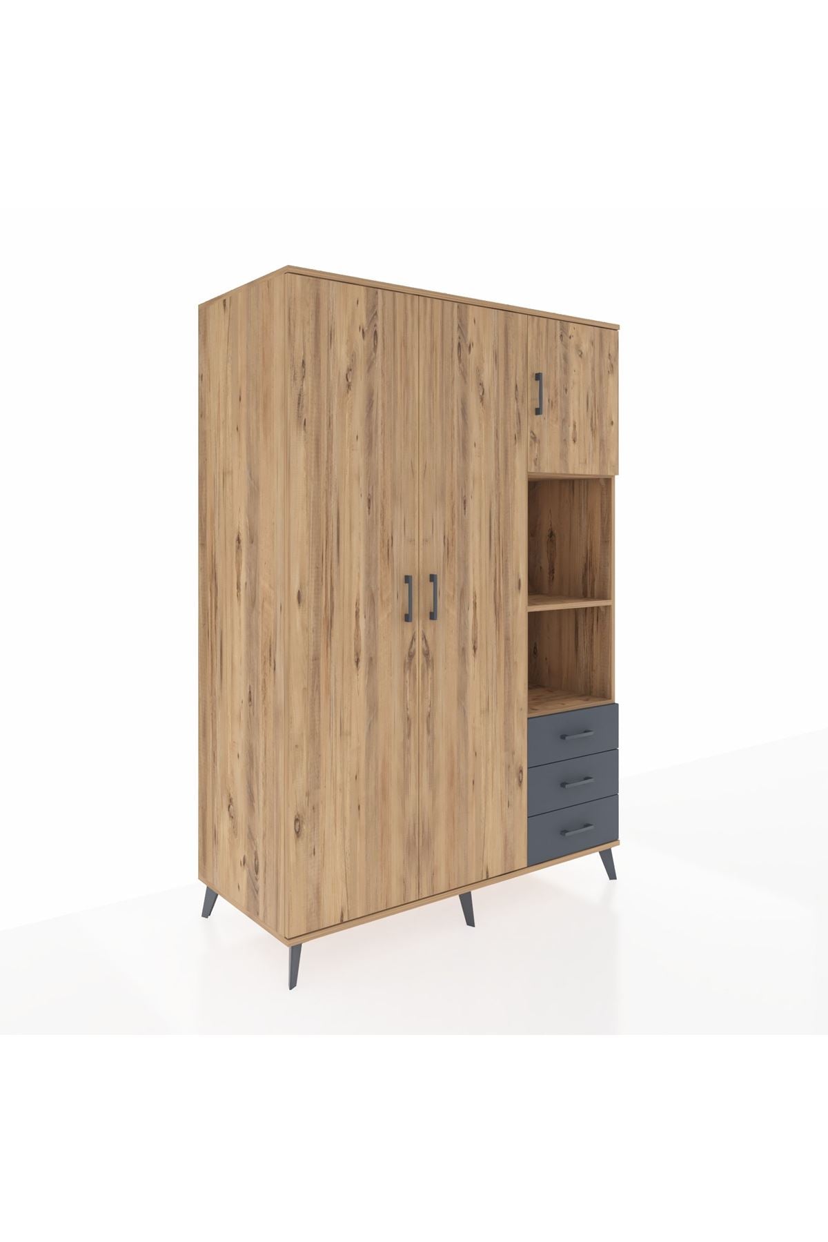 Kronos Dolap 5 Raflı 3 Çekmeceli Tek Askılı 132x59x195 Çam-Çam/Antrasit