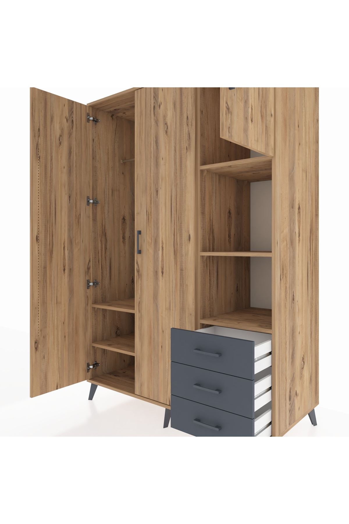 Kronos Dolap 5 Raflı 3 Çekmeceli Tek Askılı 132x59x195 Çam-Çam/Antrasit