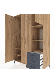 Kronos Dolap 5 Raflı 3 Çekmeceli Tek Askılı 132x59x195 Çam-Çam/Antrasit