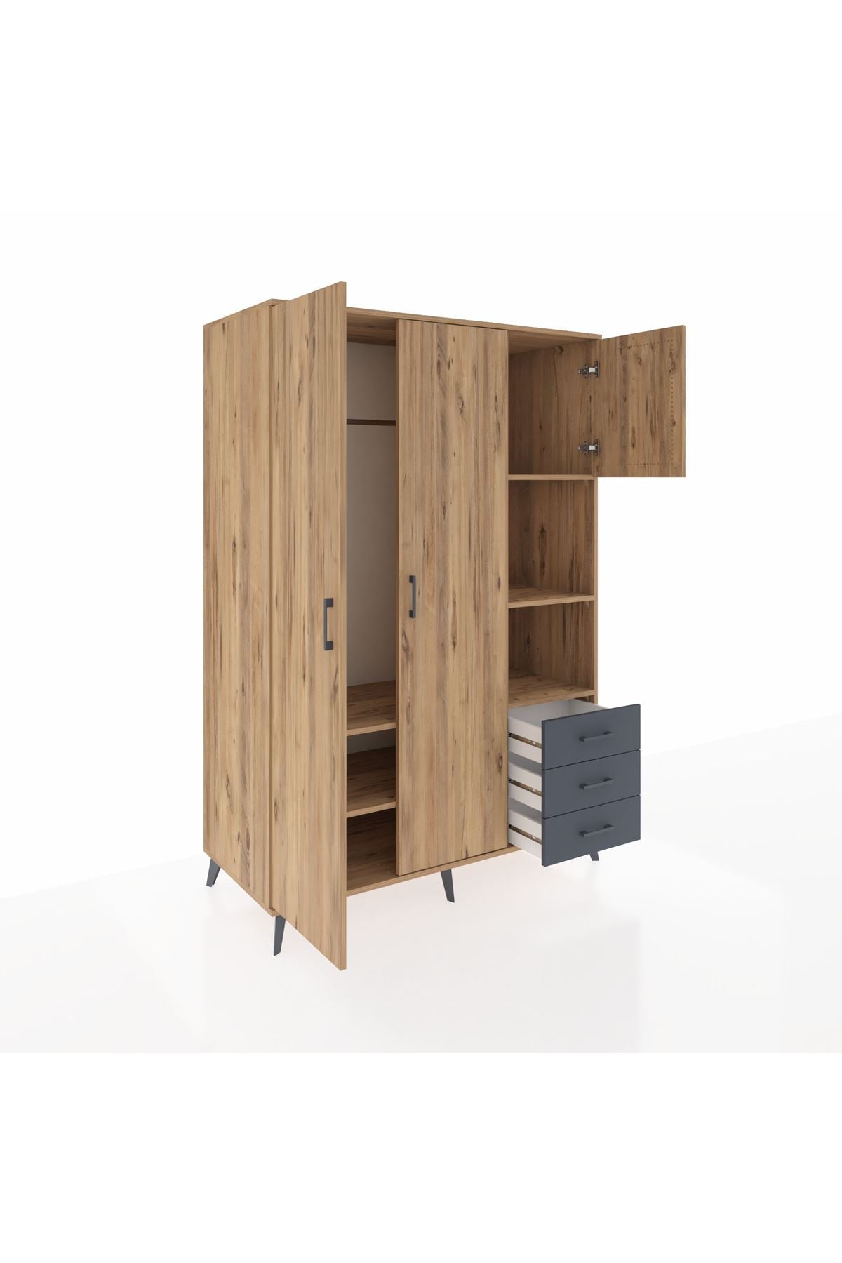 Kronos Dolap 5 Raflı 3 Çekmeceli Tek Askılı 132x59x195 Çam-Çam/Antrasit