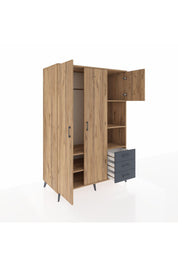 Kronos Dolap 5 Raflı 3 Çekmeceli Tek Askılı 132x59x195 Çam-Çam/Antrasit