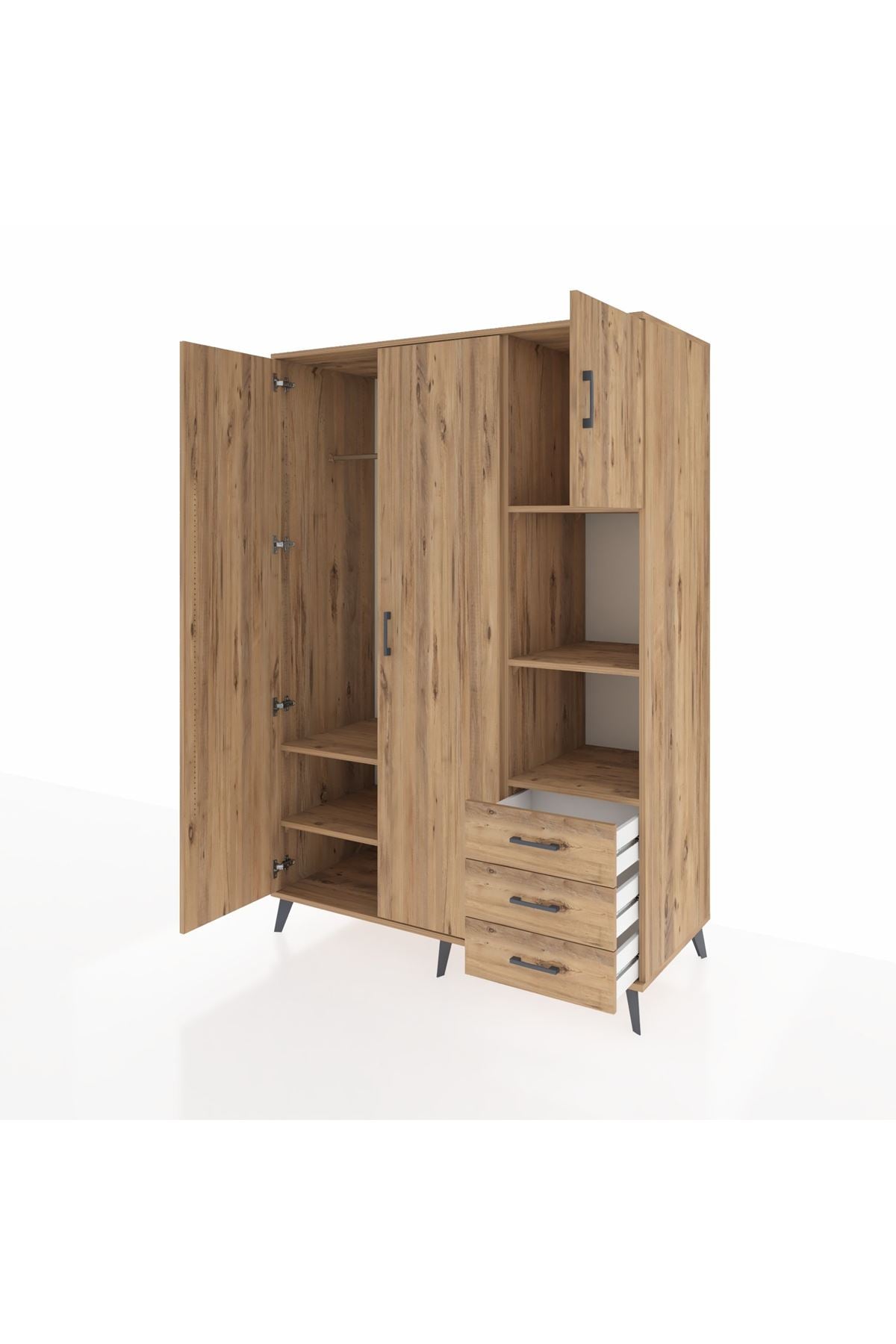 Kronos Dolap 5 Raflı 3 Çekmeceli Tek Askılı 132x59x195 Çam-Çam/Çam