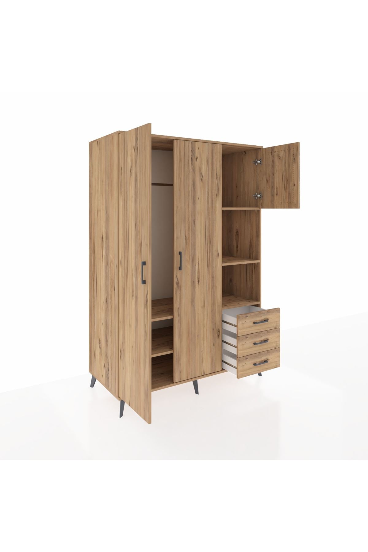 Kronos Dolap 5 Raflı 3 Çekmeceli Tek Askılı 132x59x195 Çam-Çam/Çam