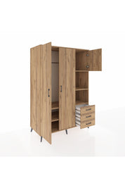 Kronos Dolap 5 Raflı 3 Çekmeceli Tek Askılı 132x59x195 Çam-Çam/Çam