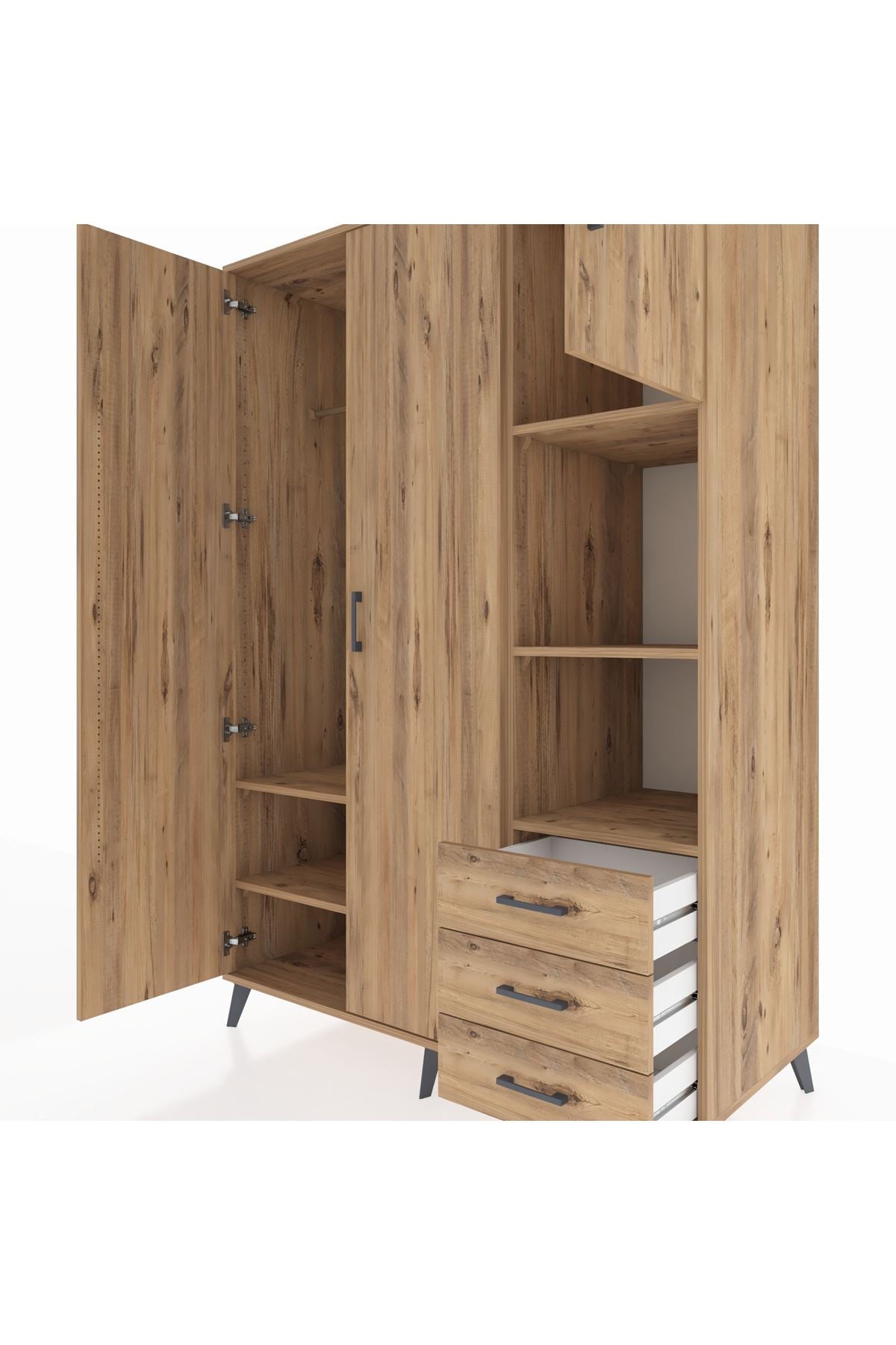 Kronos Dolap 5 Raflı 3 Çekmeceli Tek Askılı 132x59x195 Çam-Çam/Çam