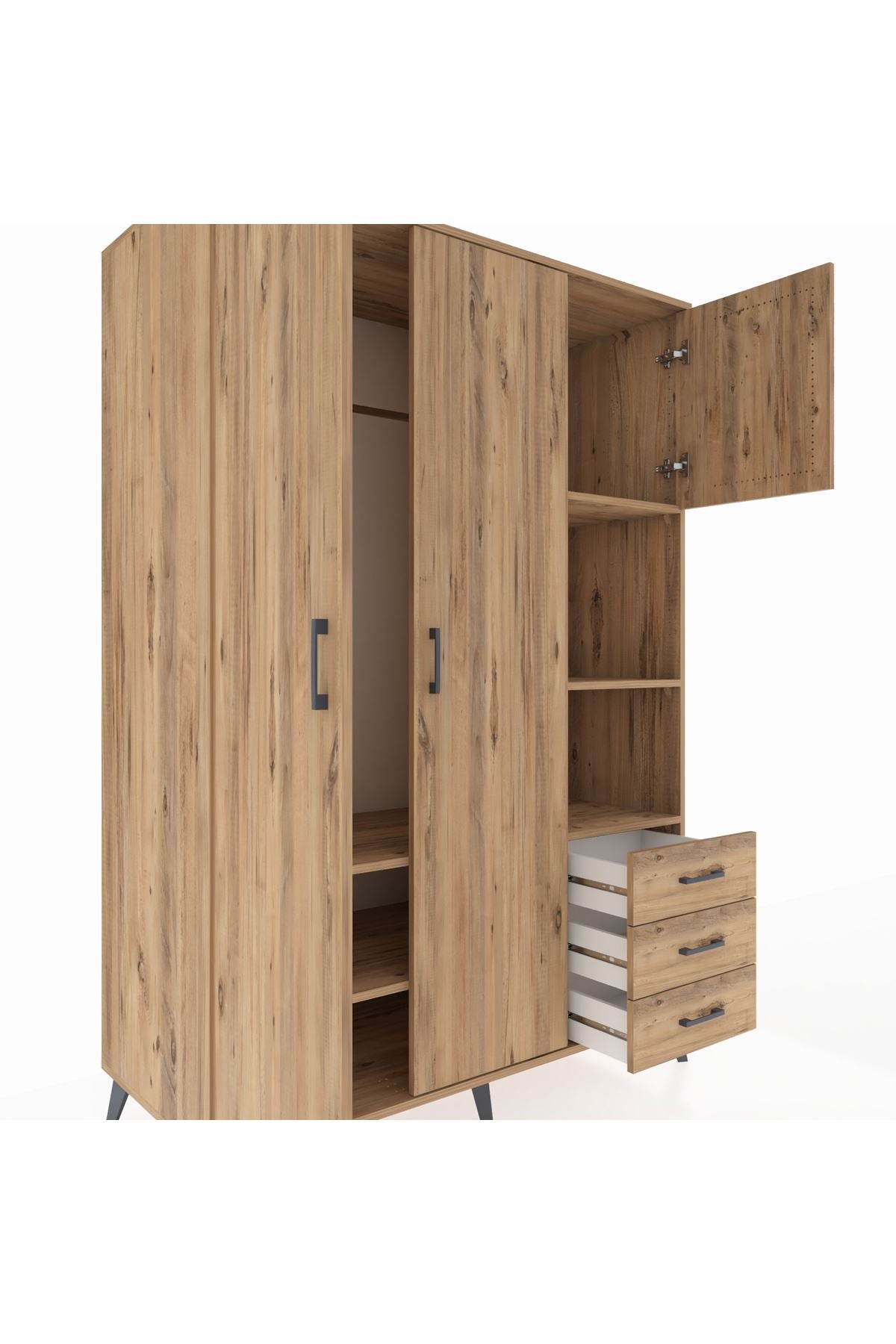 Kronos Dolap 5 Raflı 3 Çekmeceli Tek Askılı 132x59x195 Çam-Çam/Çam