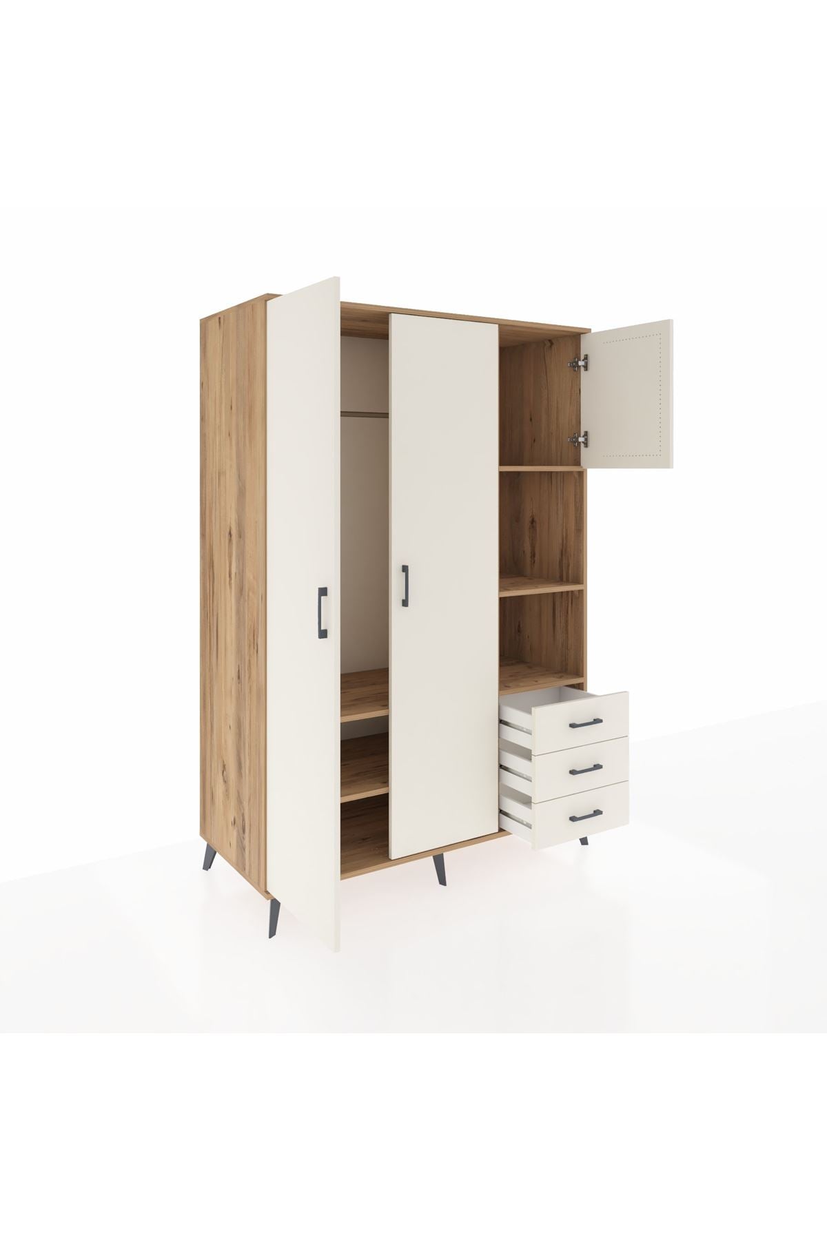 Kronos Dolap 5 Raflı 3 Çekmeceli Tek Askılı 132x59x195 Çam-Aytaşı/Aytaşı