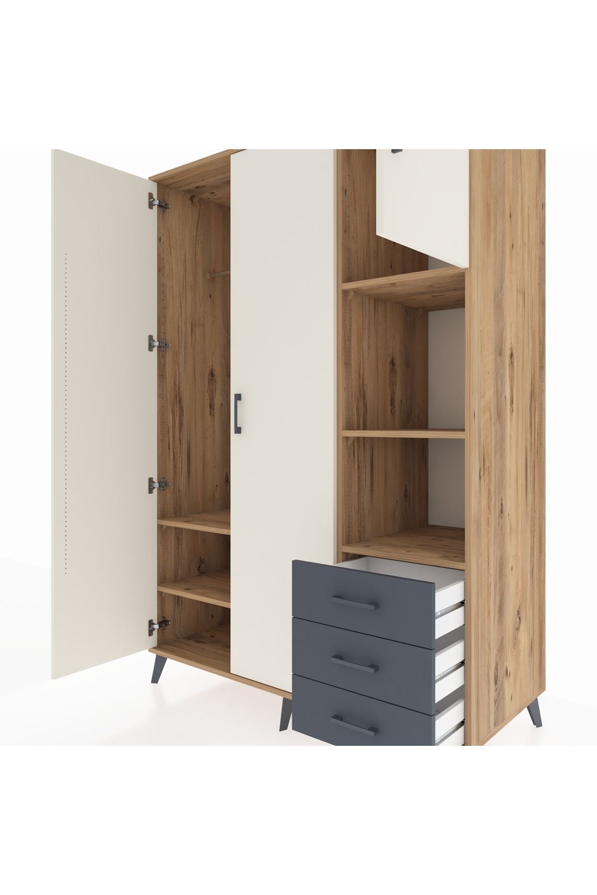 Kronos Dolap 5 Raflı 3 Çekmeceli Tek Askılı 132x59x195 Çam-Aytaşı/Antrasit