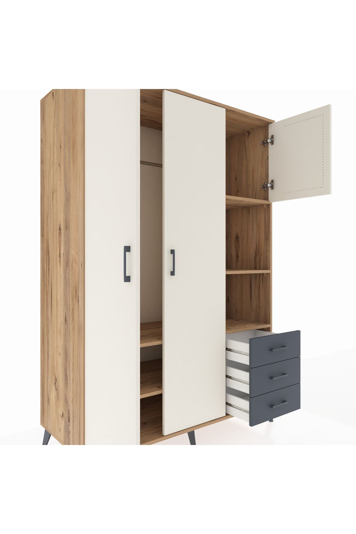 Kronos Dolap 5 Raflı 3 Çekmeceli Tek Askılı 132x59x195 Çam-Aytaşı/Antrasit