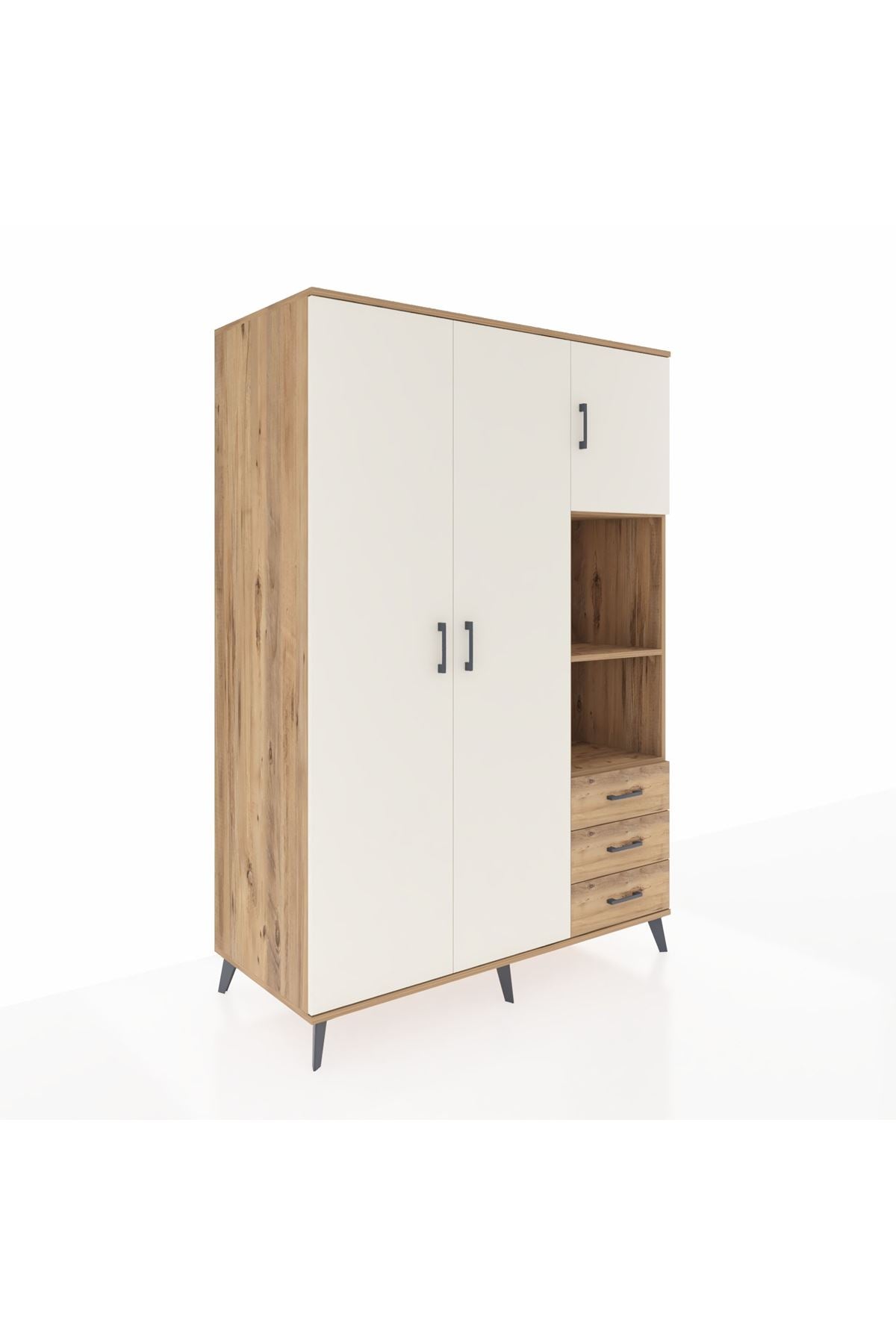 Kronos Dolap 5 Raflı 3 Çekmeceli Tek Askılı 132x59x195 Çam-Aytaşı/Çam