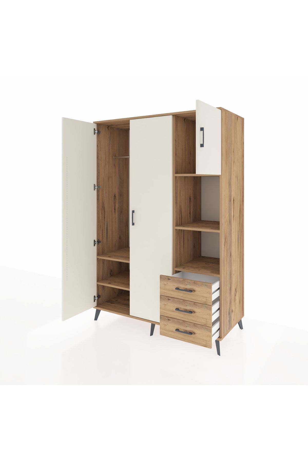 Kronos Dolap 5 Raflı 3 Çekmeceli Tek Askılı 132x59x195 Çam-Aytaşı/Çam