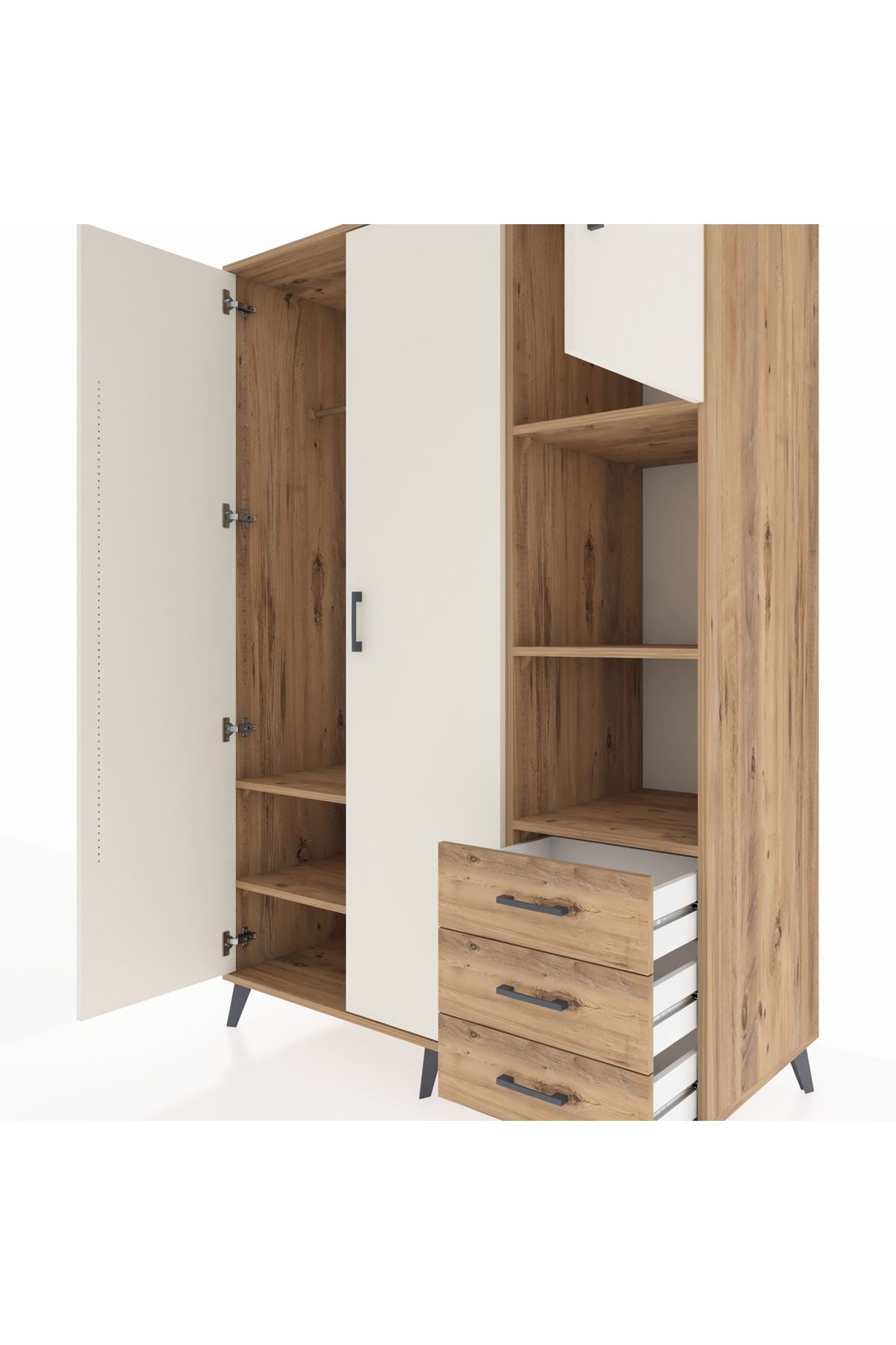 Kronos Dolap 5 Raflı 3 Çekmeceli Tek Askılı 132x59x195 Çam-Aytaşı/Çam