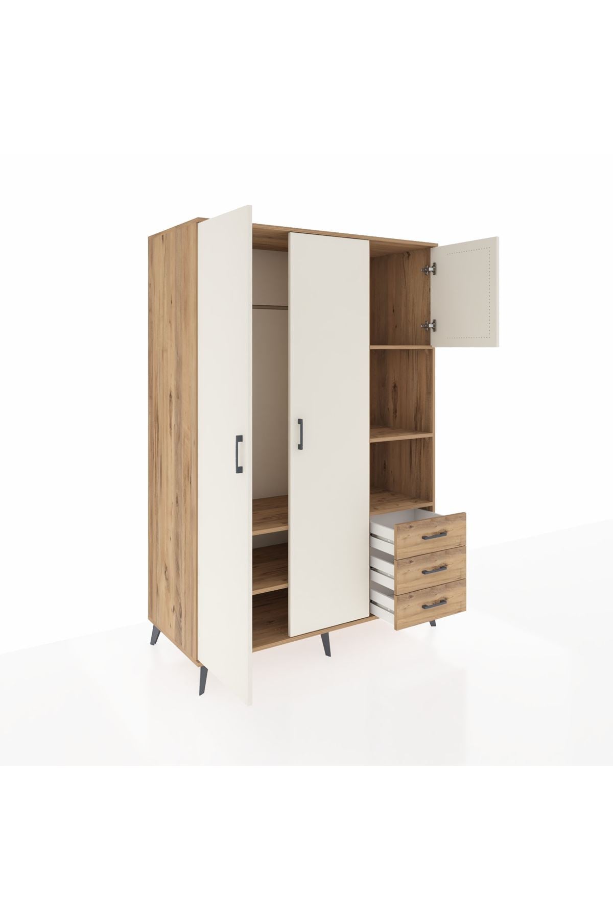 Kronos Dolap 5 Raflı 3 Çekmeceli Tek Askılı 132x59x195 Çam-Aytaşı/Çam