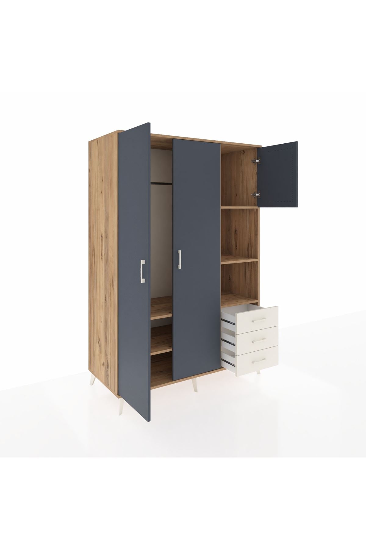 Kronos Dolap 5 Raflı 3 Çekmeceli Tek Askılı 132x59x195 Çam-Antrasit/Aytaşı