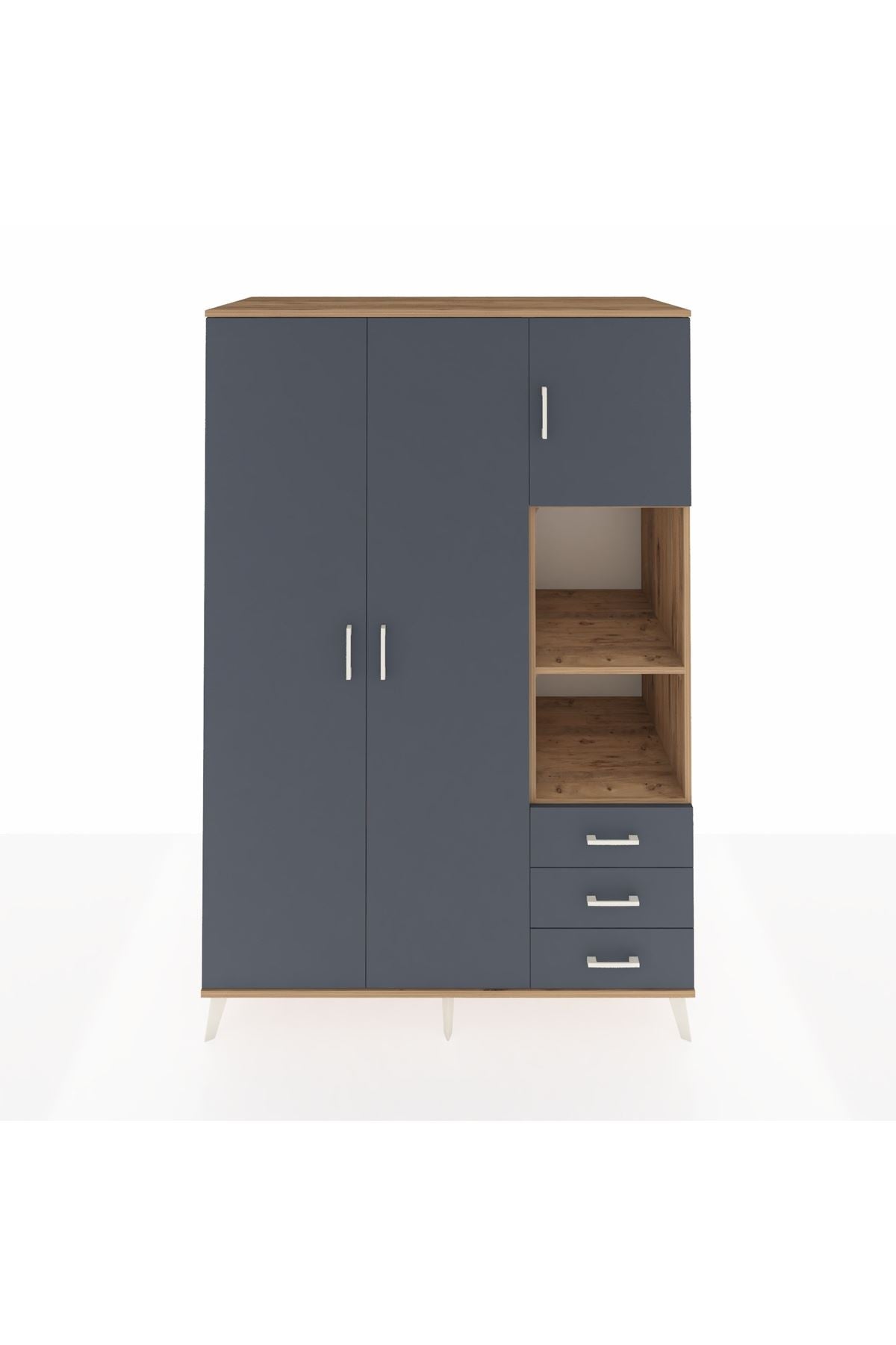 Kronos Dolap 5 Raflı 3 Çekmeceli Tek Askılı 132x59x195 Çam-Antrasit/Antrasit