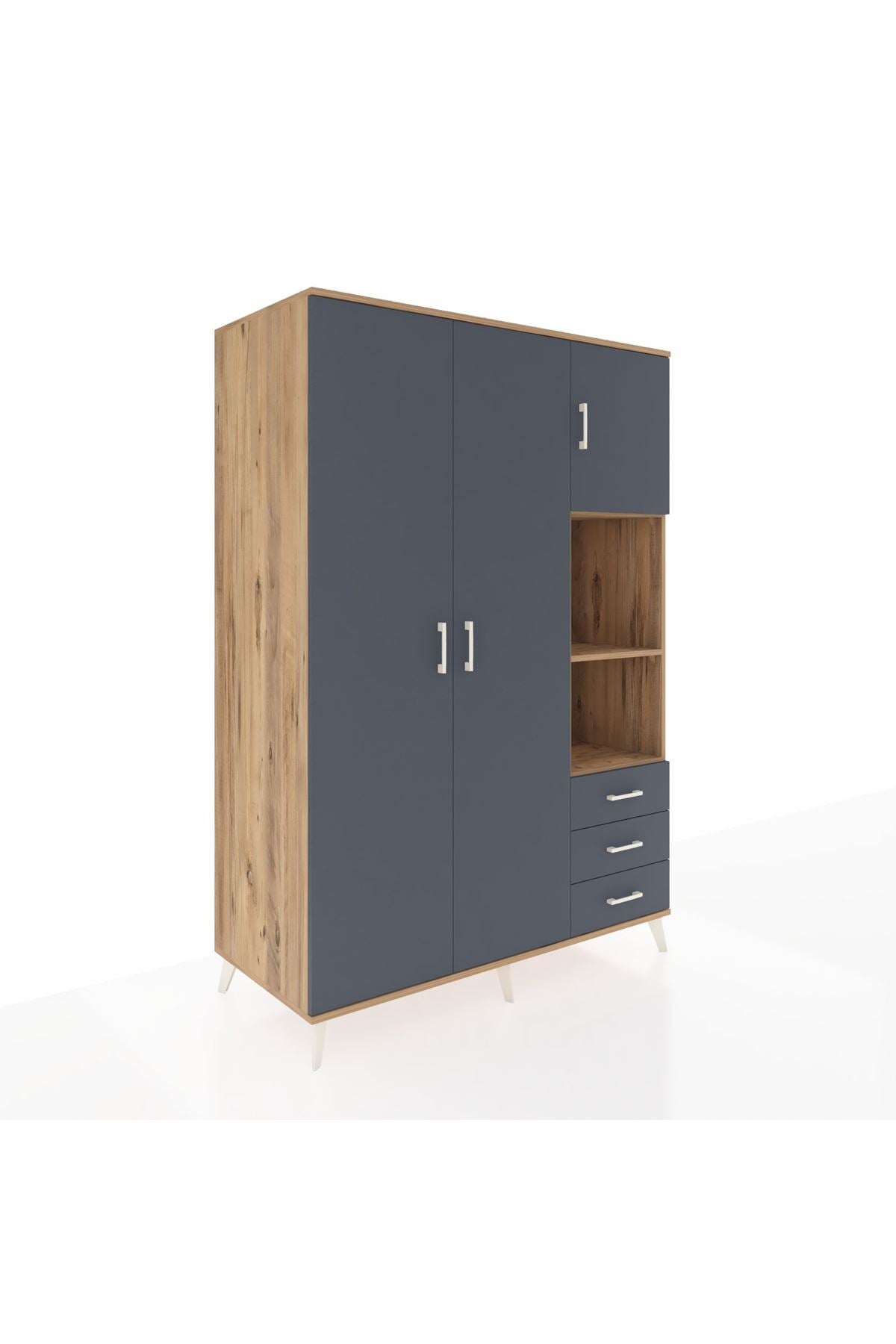 Kronos Dolap 5 Raflı 3 Çekmeceli Tek Askılı 132x59x195 Çam-Antrasit/Antrasit