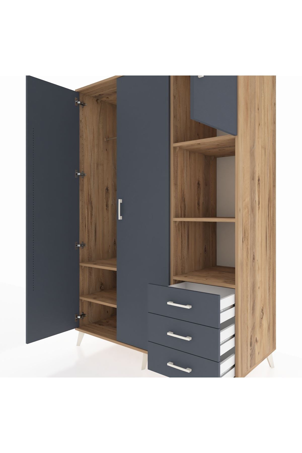 Kronos Dolap 5 Raflı 3 Çekmeceli Tek Askılı 132x59x195 Çam-Antrasit/Antrasit