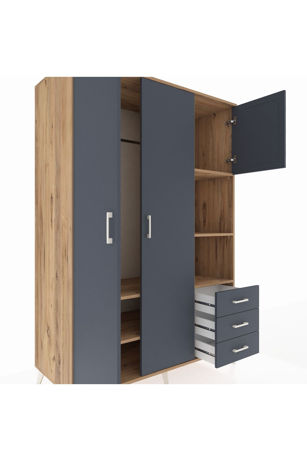 Kronos Dolap 5 Raflı 3 Çekmeceli Tek Askılı 132x59x195 Çam-Antrasit/Antrasit