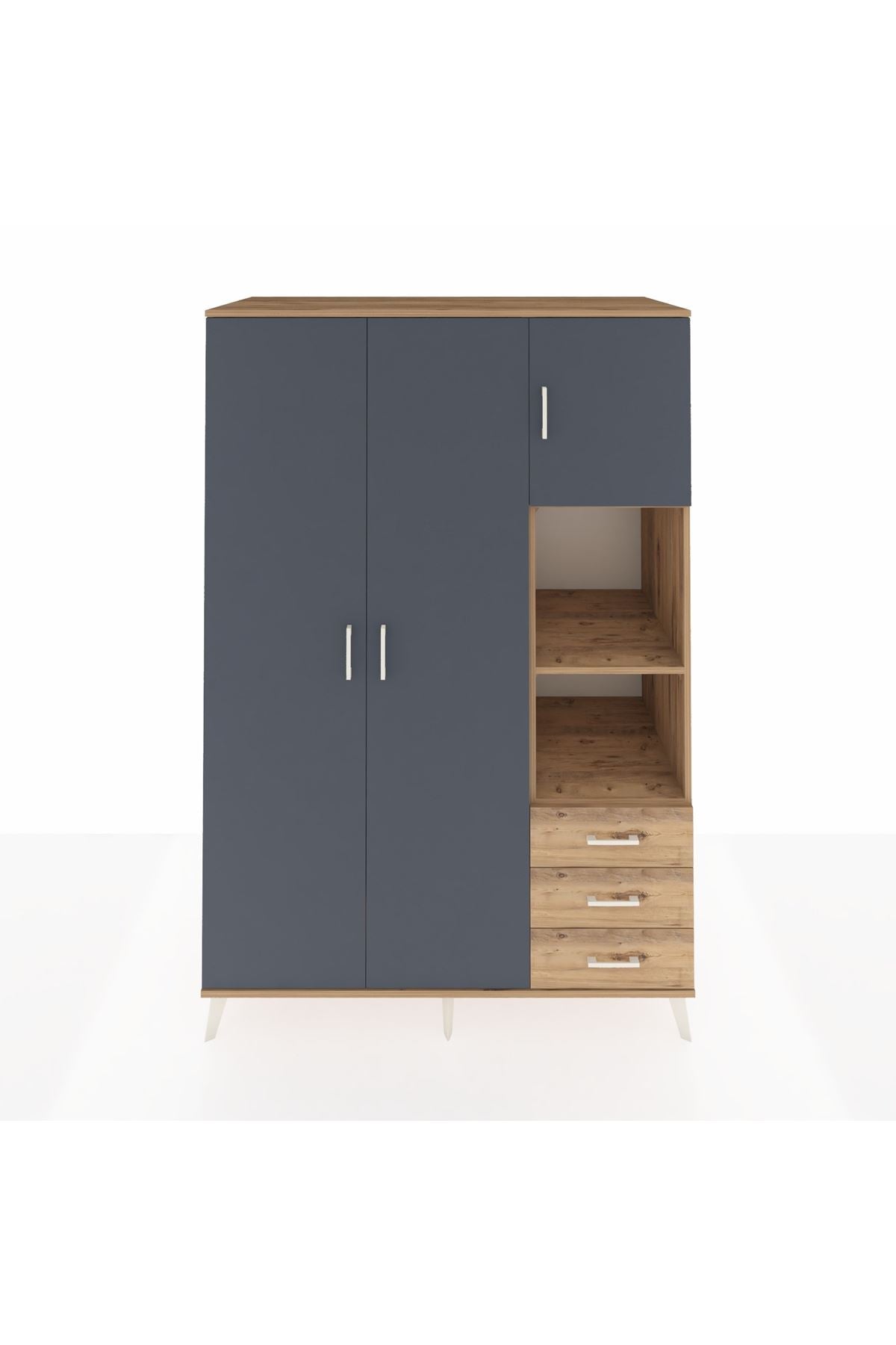 Kronos Dolap 5 Raflı 3 Çekmeceli Tek Askılı 132x59x195 Çam-Antrasit/Çam