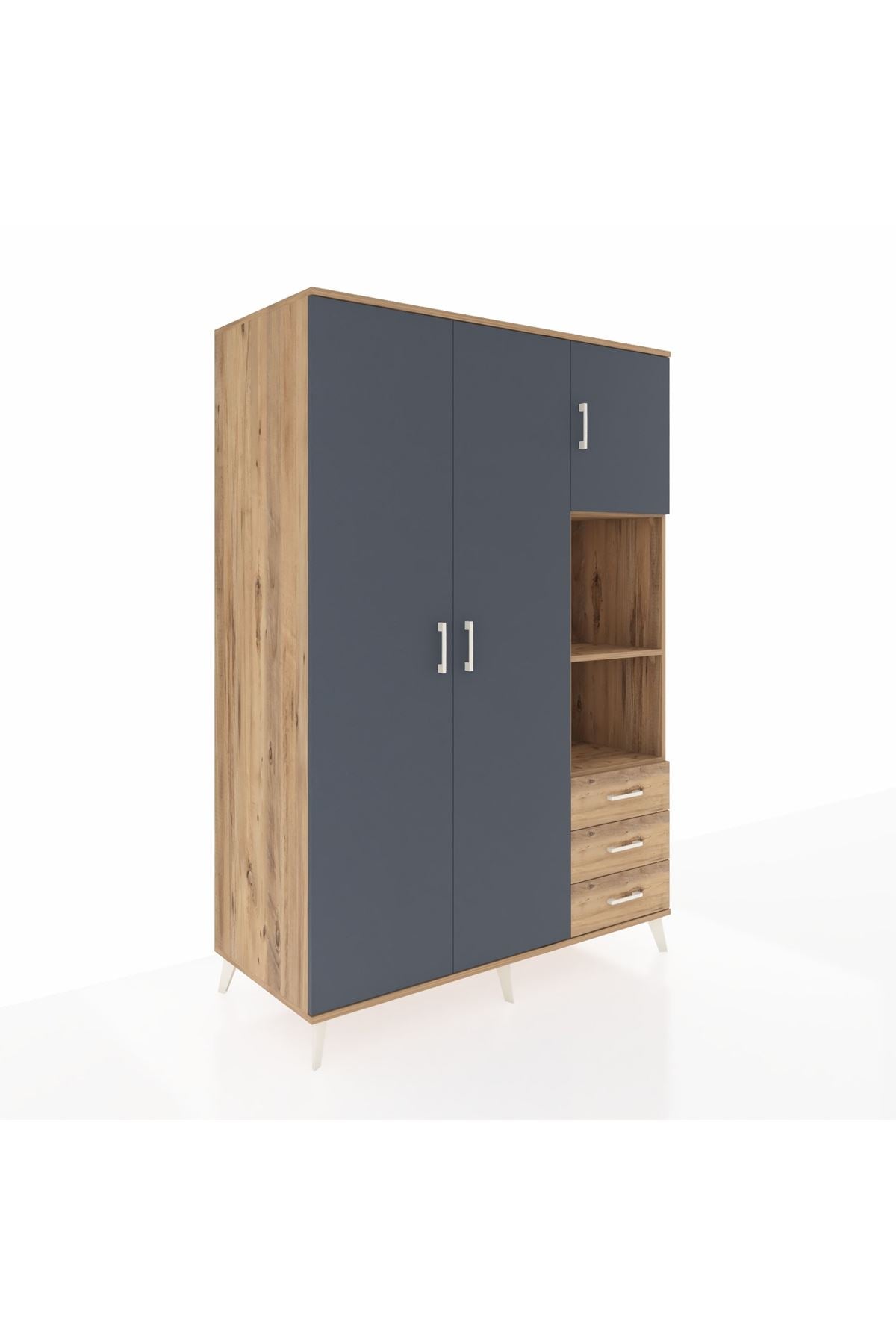 Kronos Dolap 5 Raflı 3 Çekmeceli Tek Askılı 132x59x195 Çam-Antrasit/Çam