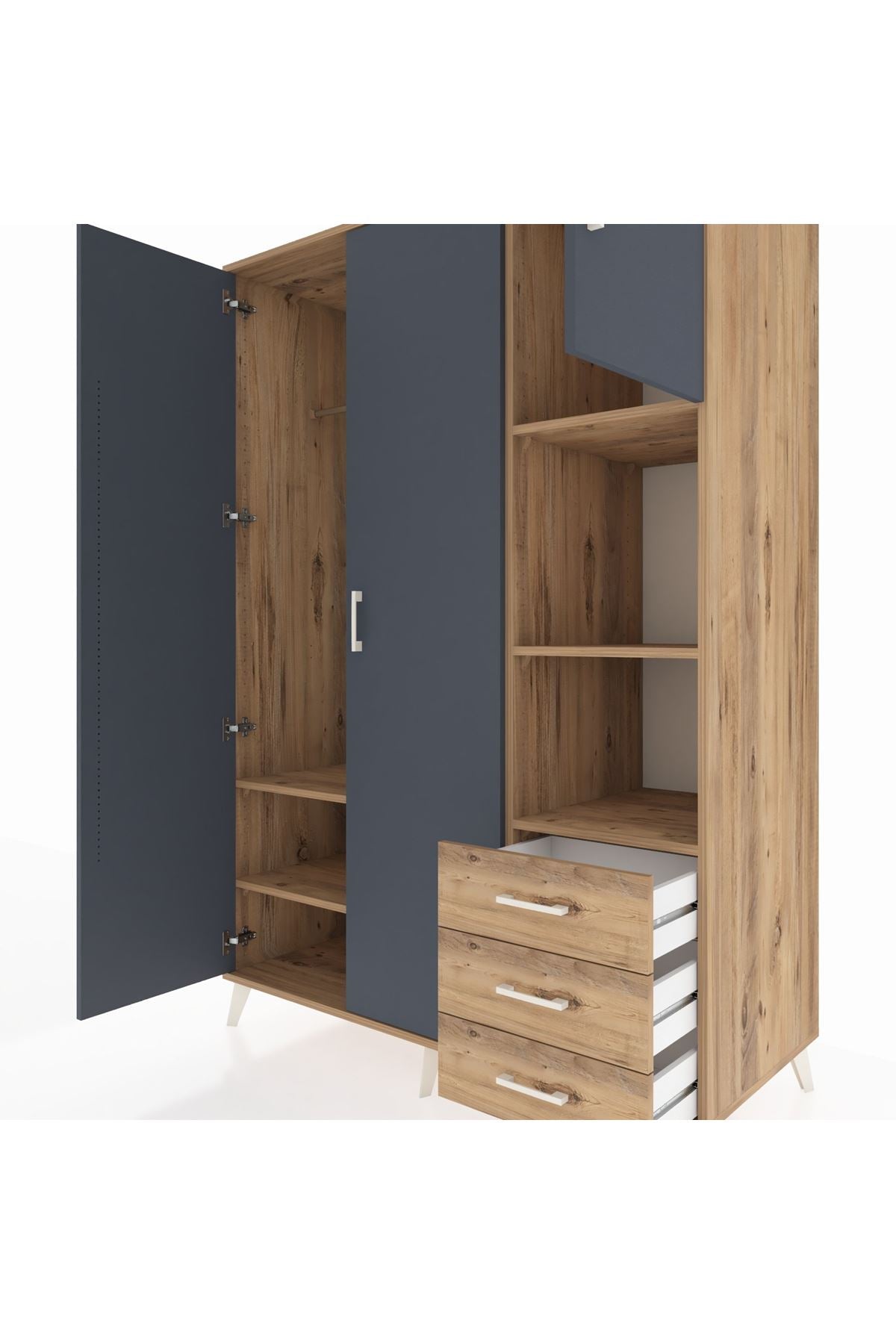 Kronos Dolap 5 Raflı 3 Çekmeceli Tek Askılı 132x59x195 Çam-Antrasit/Çam