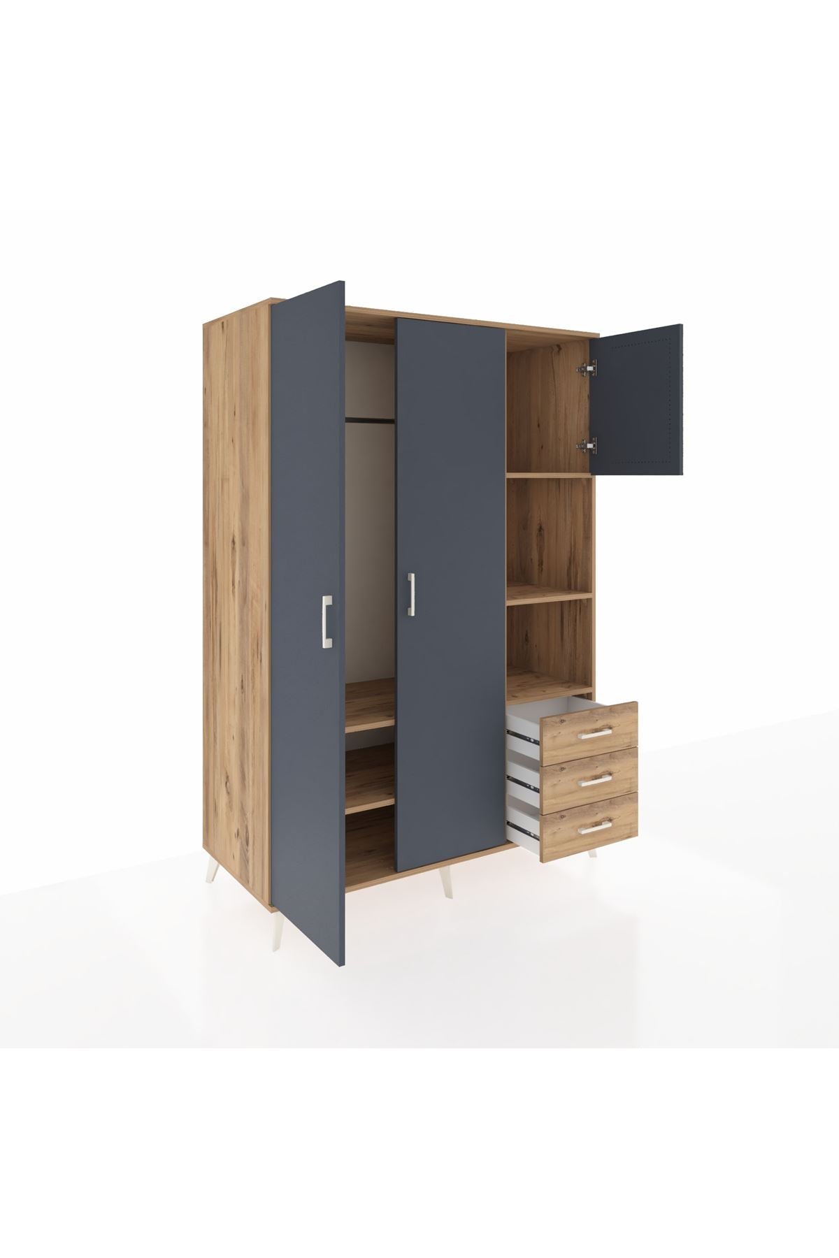 Kronos Dolap 5 Raflı 3 Çekmeceli Tek Askılı 132x59x195 Çam-Antrasit/Çam