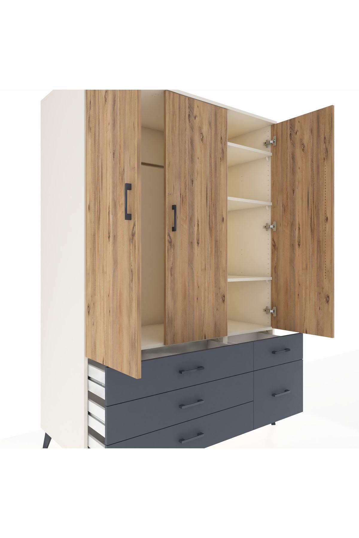 Kronos Dolap 5 Raflı 5 Çekmeceli Tek Askılı 132x59x195 Aytaşı-Çam/Antrasit