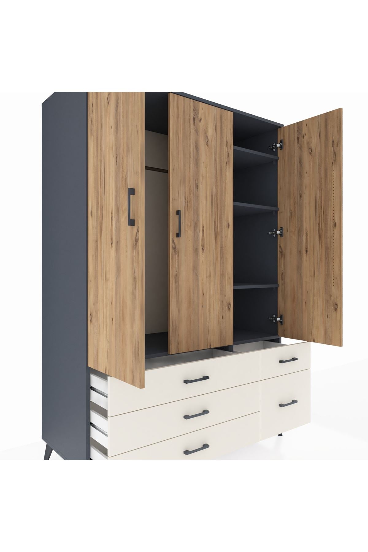 Kronos Dolap 5 Raflı 5 Çekmeceli Tek Askılı 132x59x195 Antrasit-Çam/Aytaşı