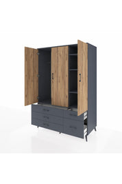 Kronos Dolap 5 Raflı 5 Çekmeceli Tek Askılı 132x59x195 Antrasit-Çam/Antrasit