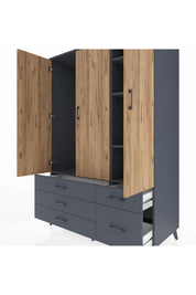 Kronos Dolap 5 Raflı 5 Çekmeceli Tek Askılı 132x59x195 Antrasit-Çam/Antrasit