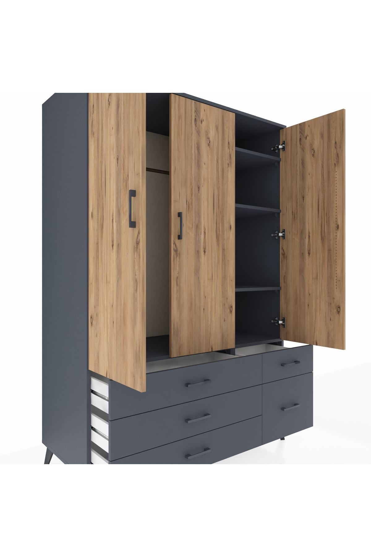 Kronos Dolap 5 Raflı 5 Çekmeceli Tek Askılı 132x59x195 Antrasit-Çam/Antrasit