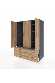 Kronos Dolap 5 Raflı 5 Çekmeceli Tek Askılı 132x59x195 Antrasit-Çam/Çam