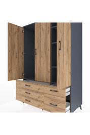 Kronos Dolap 5 Raflı 5 Çekmeceli Tek Askılı 132x59x195 Antrasit-Çam/Çam