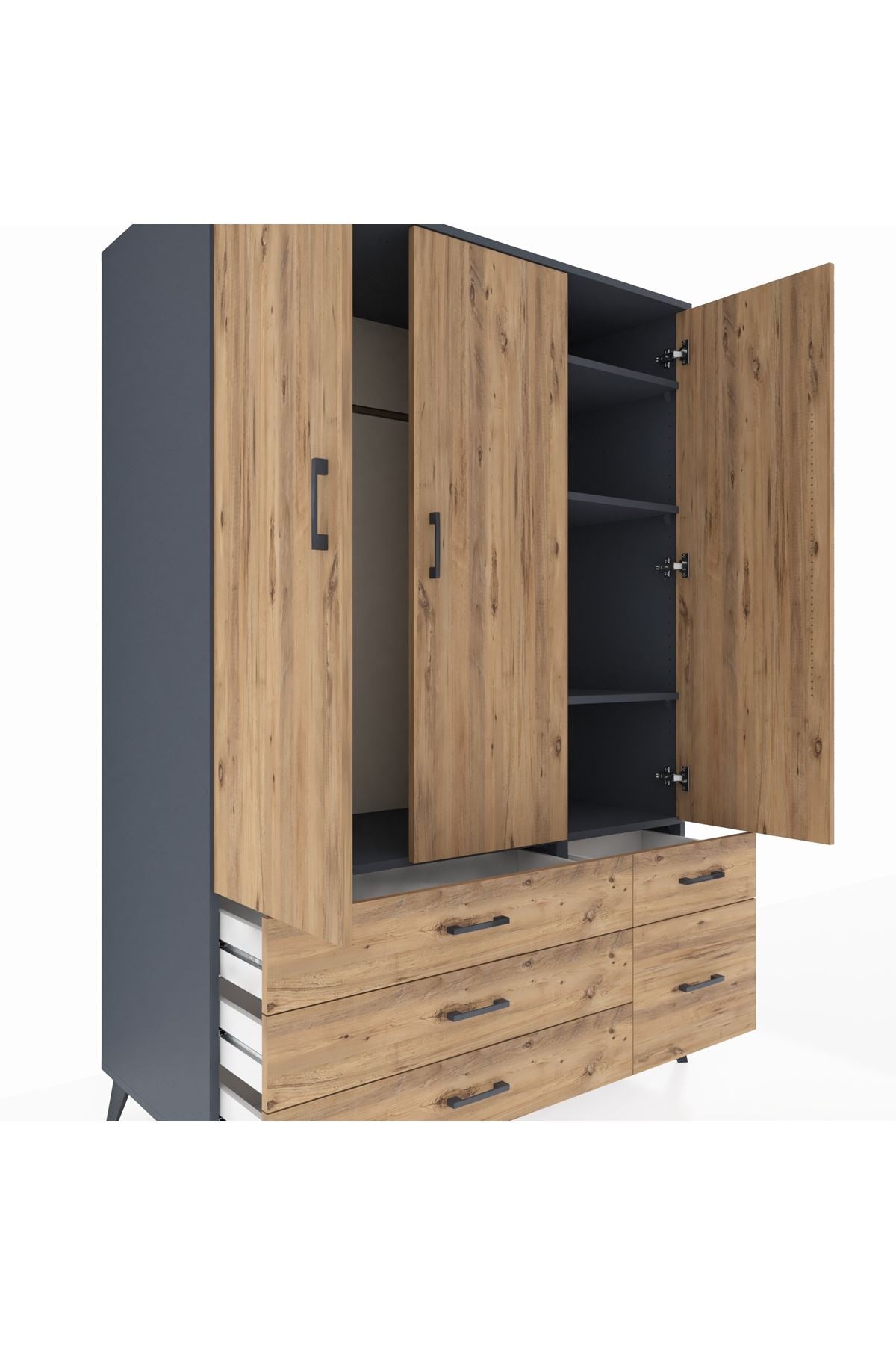 Kronos Dolap 5 Raflı 5 Çekmeceli Tek Askılı 132x59x195 Antrasit-Çam/Çam