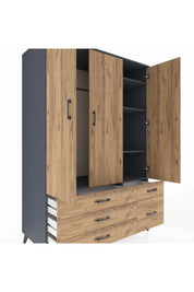 Kronos Dolap 5 Raflı 5 Çekmeceli Tek Askılı 132x59x195 Antrasit-Çam/Çam