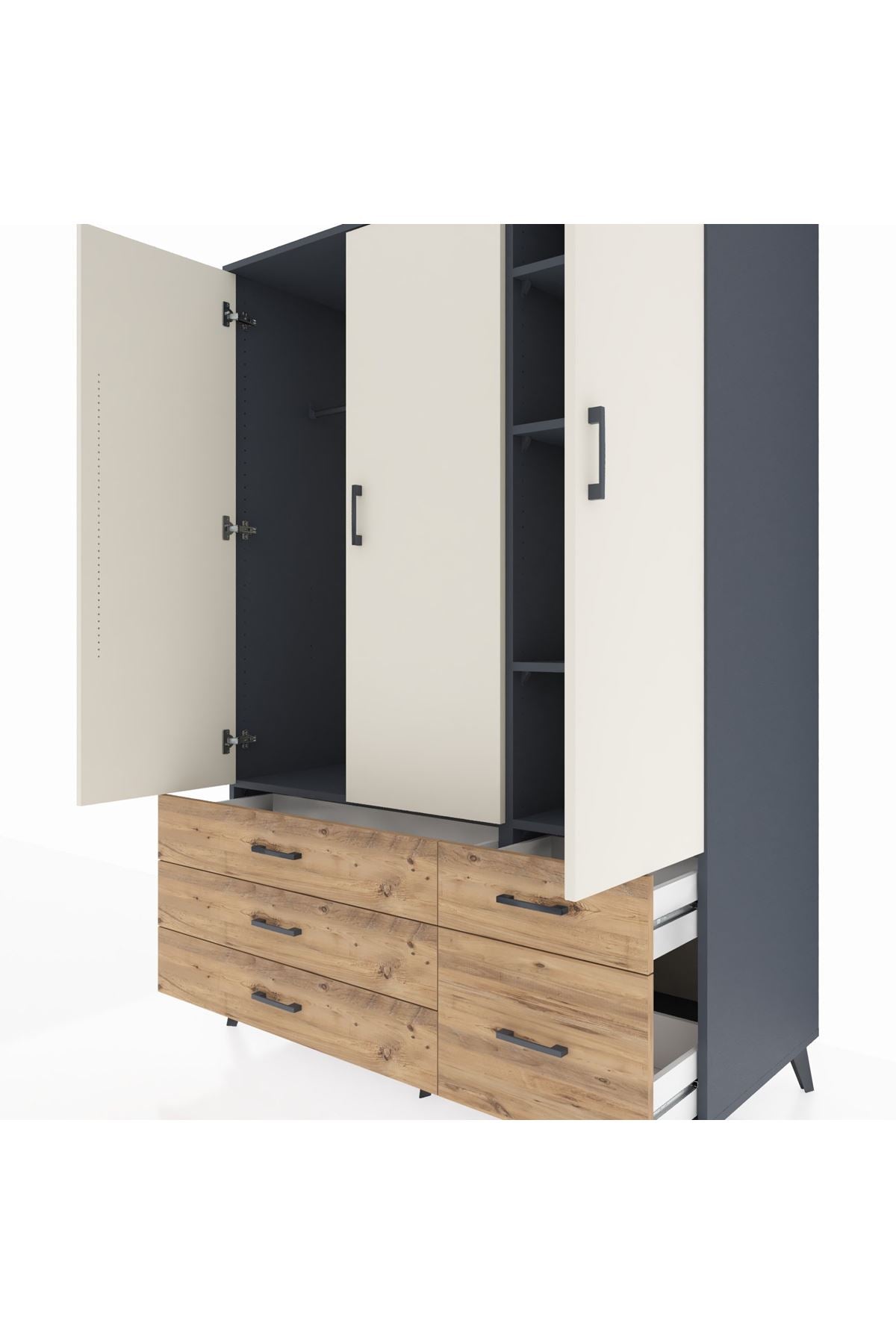 Kronos Dolap 5 Raflı 5 Çekmeceli Tek Askılı 132x59x195 Antrasit-Aytaşı/Çam